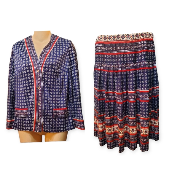 VTG Floral Custom Made 2 Pcs Set Buttons Down Blouse & Pleated Skirt Twinset - Picture 1 of 9